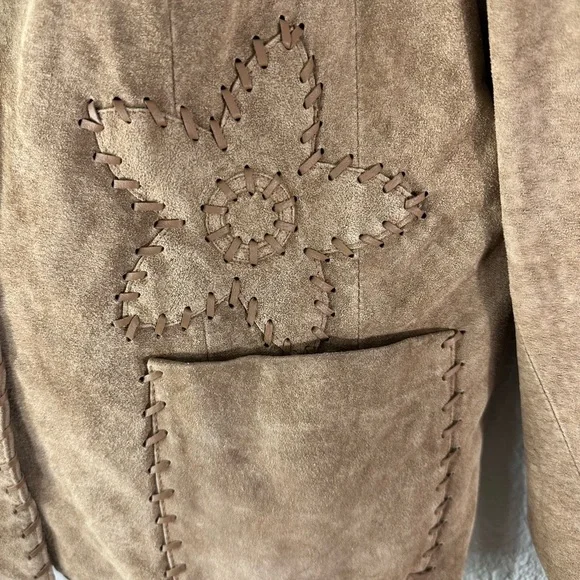 Coldwater Creek Suede Tan Genuine Leather Whipped Stitch Floral Jacket Size XL